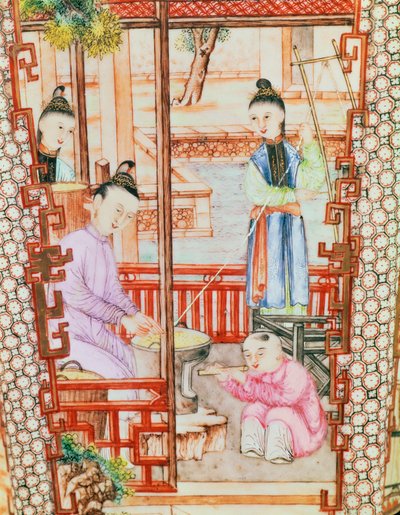 Detail from a vase depicting women spinning silk by Ming Dynasty Chinese School